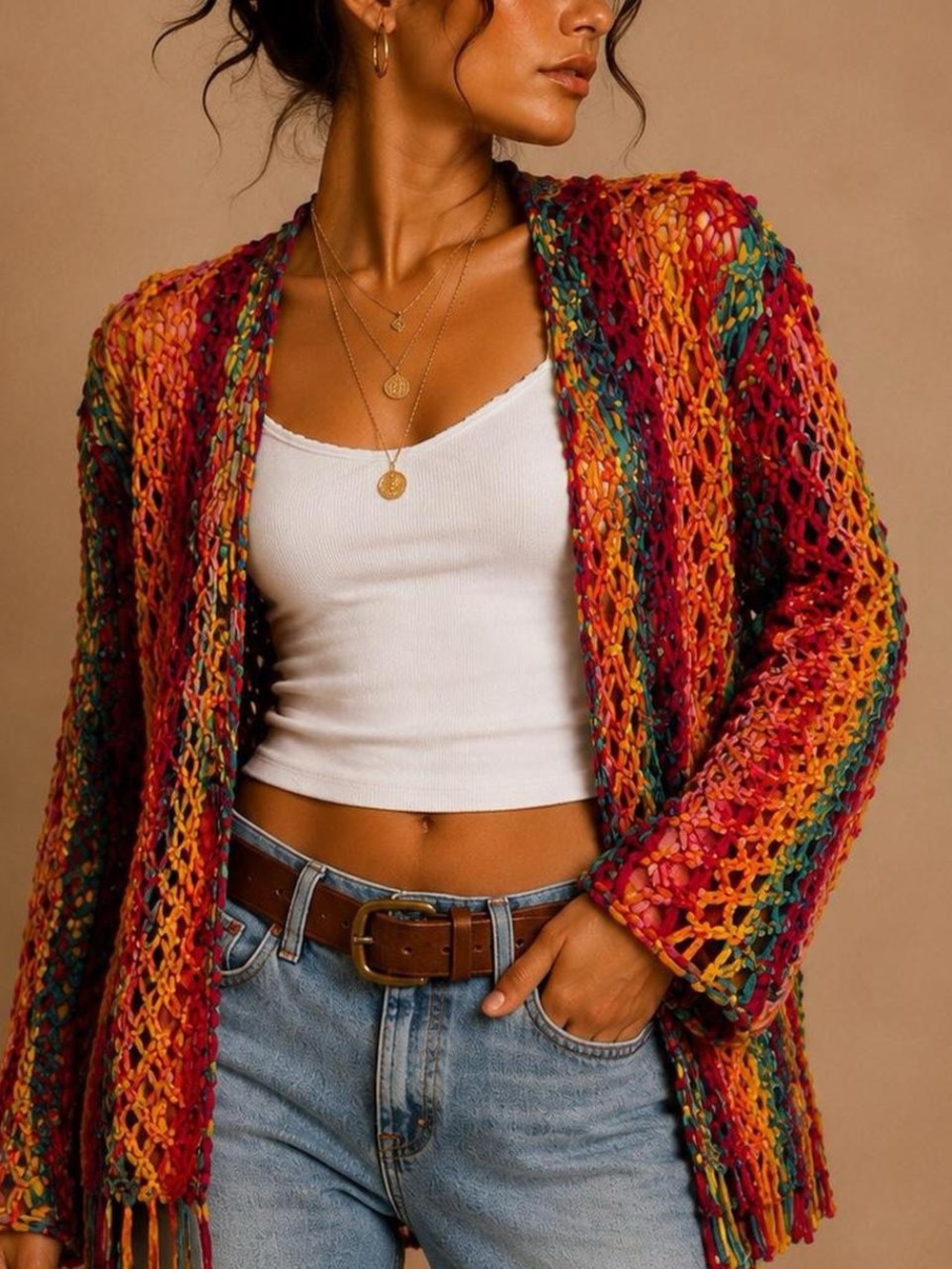 Multicolor Open-Knit Fringe Women's Cardigan Sweater size large - Picture 1 of 8